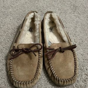 UGG slip on furry flats with lamb skin exterior and fuzzy interior tan size 7